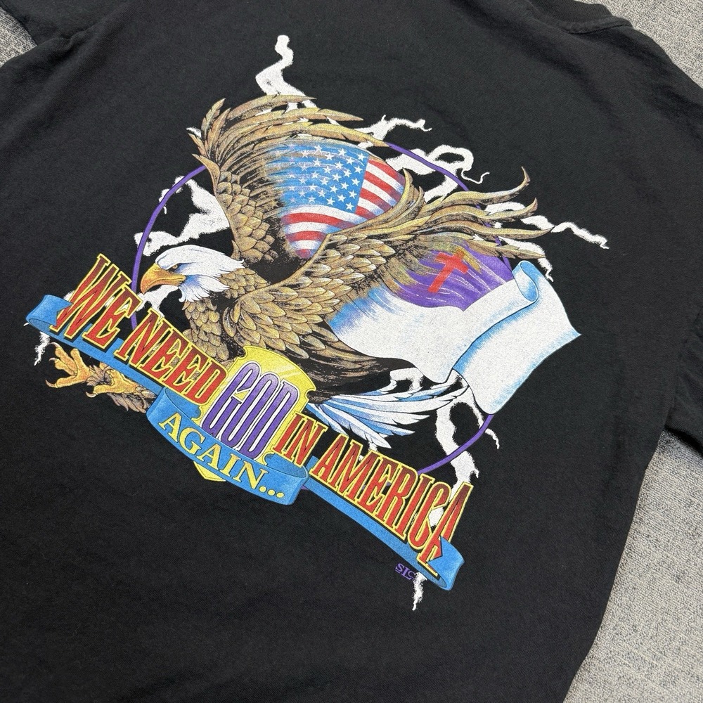 Vtg 90s Single Stitch T Shirt Size L Anvil We Need God In America Eagle Graphic